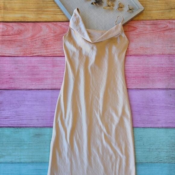 Princess Polly‎ Champagne Zamora Asymmetrical Cowl Satin Midi Dress 10US - Picture 14 of 15